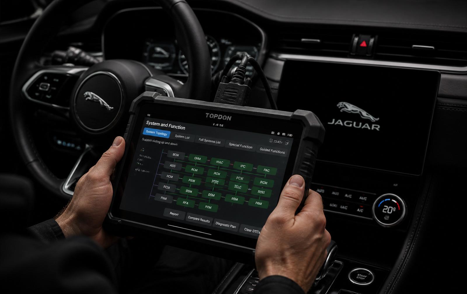 Technician using diagnostics tablet